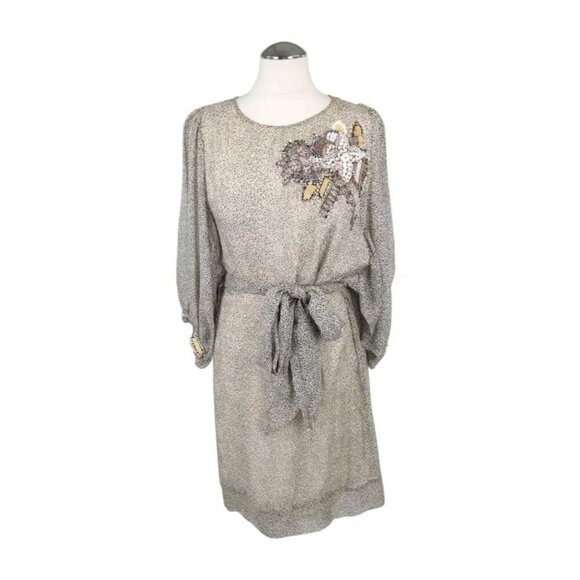 100% Silk French Connection Beaded Embellished Midi Dress Size 6 Black Beige - Picture 1 of 14